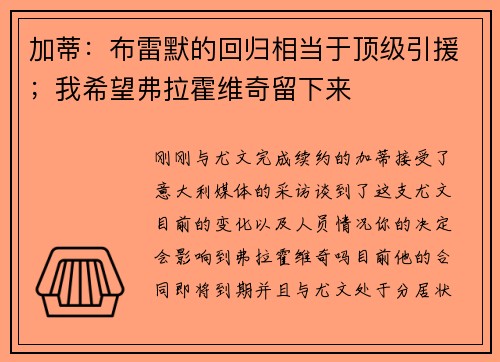 加蒂：布雷默的回归相当于顶级引援；我希望弗拉霍维奇留下来
